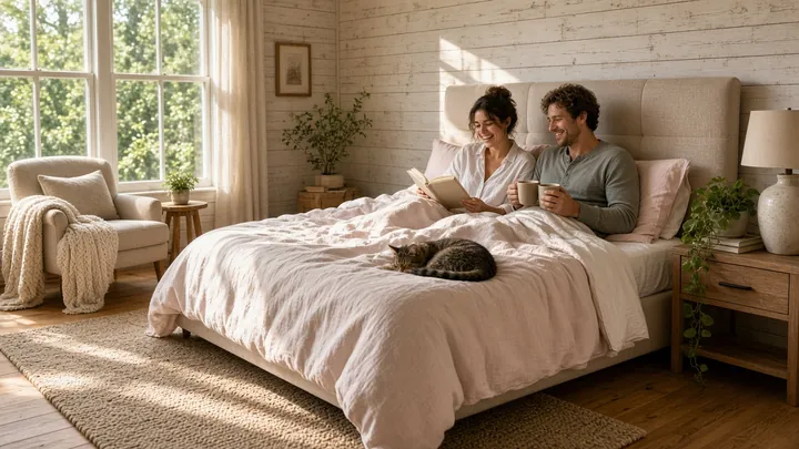A couple relaxes on a queen bed with a book and coffee while a cat naps beside them in a sunny, lived-in bedroom