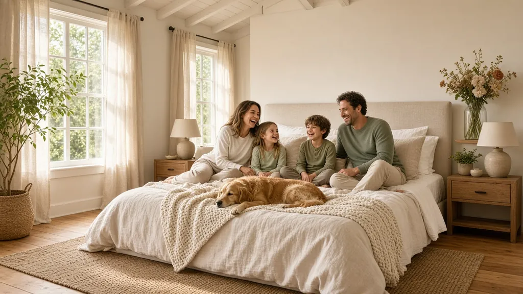 Two parents, two young children and a golden retriever laugh together on a king bed in a bright bedroom with a beamed ceiling and big windows